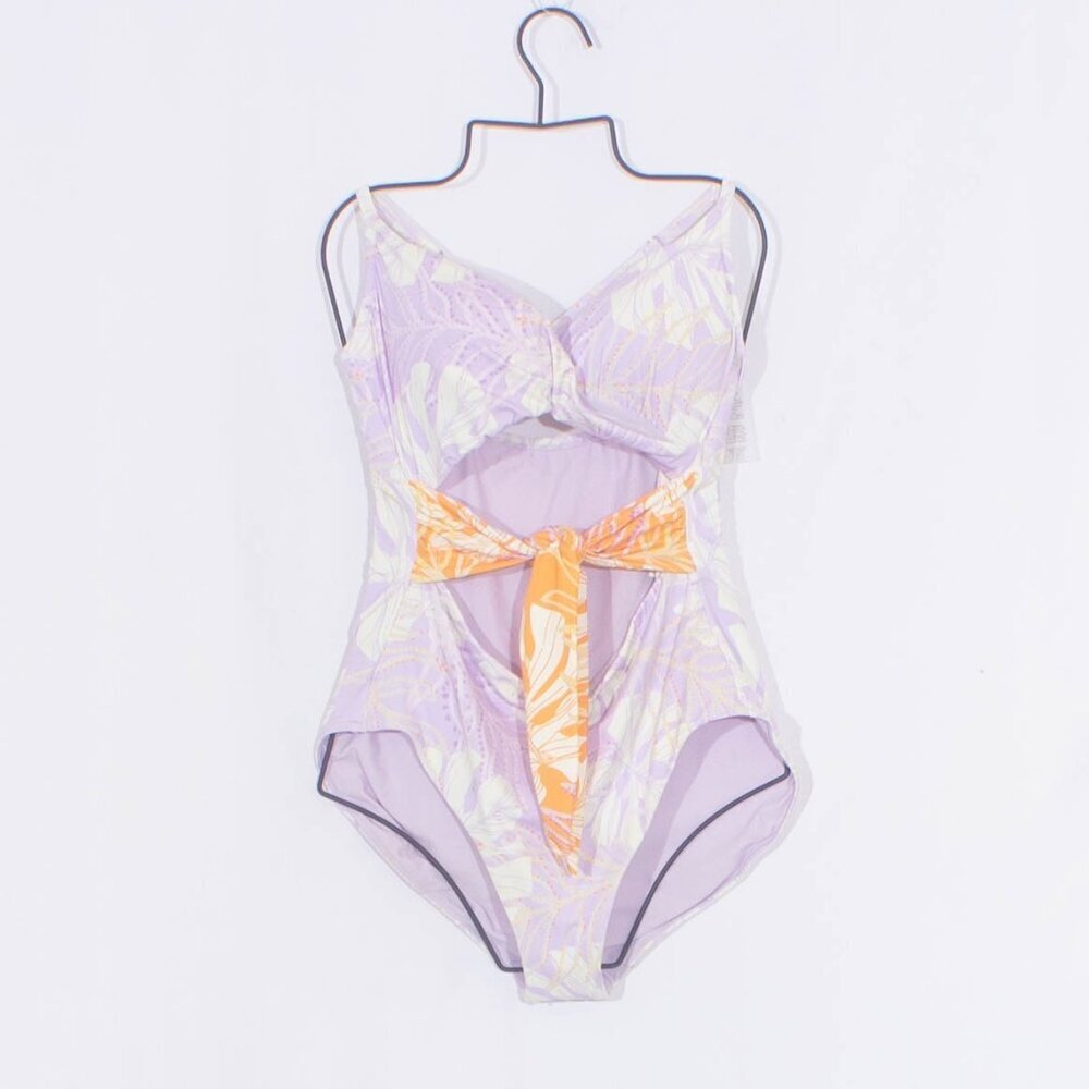 NWT CALIA Tie Front One Piece Swimsuit in Lavender Palms Size 10